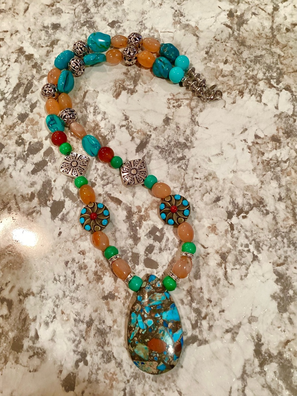 Artisan Handcrafted Turquoise & Orange Beaded Pendant Necklace